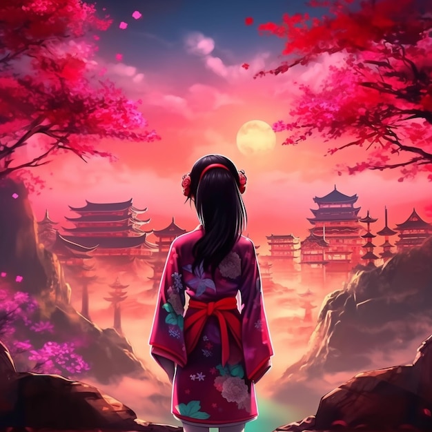 Anime girl in kimono outfit looking at a beautiful landscape generative ai