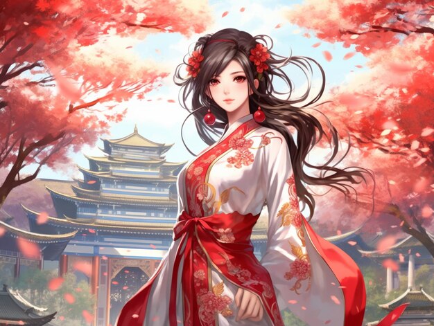 Anime girl in a kimono outfit walking in front of a pagoda generative ai