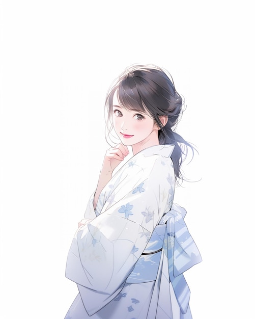 파란색 꽃과  ⁇ 색 배경으로 키모노 옷을 입은 애니메이션 소녀