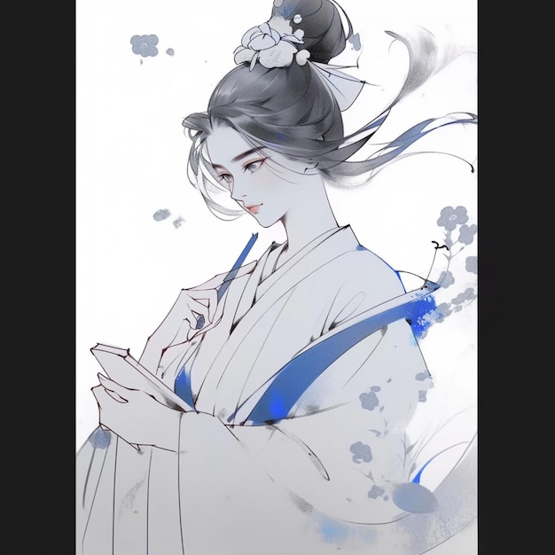 Anime girl in kimono outfit with blue and white hair generative ai