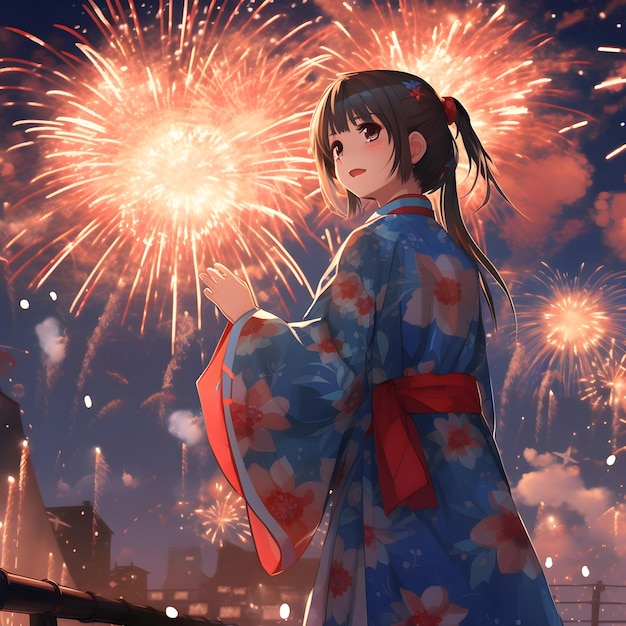 Foto una ragazza anime in kimono in piedi davanti ai fuochi d'artificio