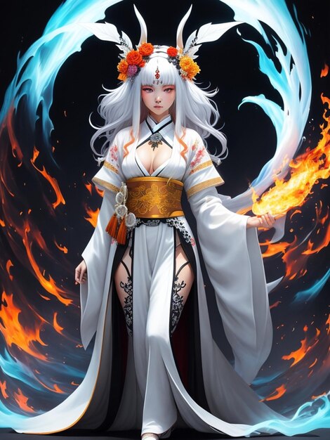 Anime girl in a kimono with a fire on her chest