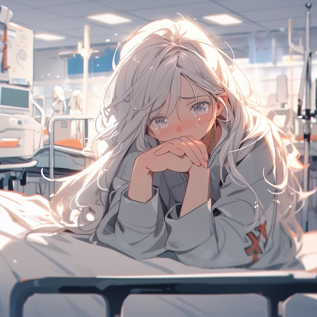 anime girl laying on a hospital bed with her hand on her chin generative ai