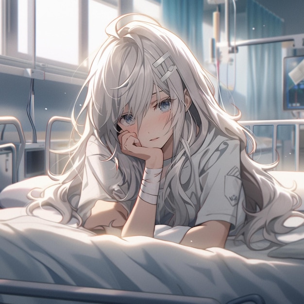 병원 침대에 누워있는 애니메이션 소녀, 그녀의 에 손을 고