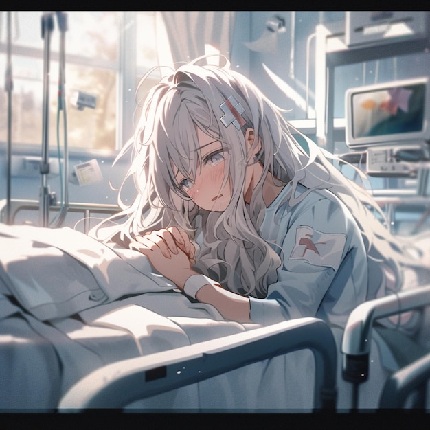 anime girl laying in hospital bed with her hands on her chest generative ai