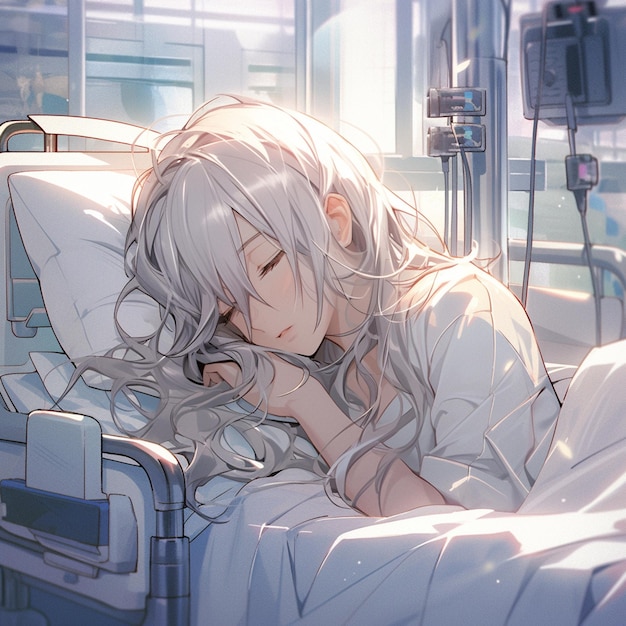 anime girl laying in a hospital bed with her head on her hand generative ai