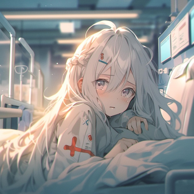 anime girl laying in hospital bed with a monitor on her arm generative ai