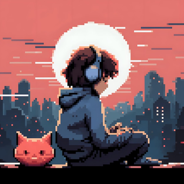 anime girl listening to lofi beats accompanied by her pixel art style cat