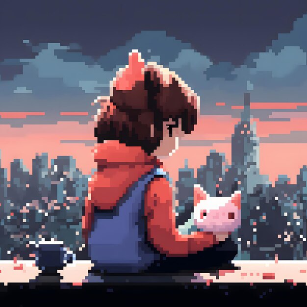 anime girl listening to lofi beats accompanied by her pixel art style cat