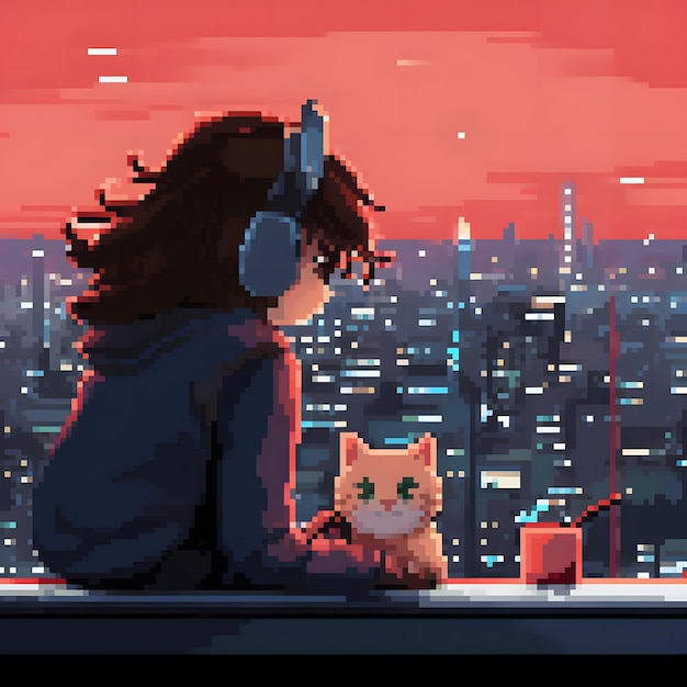 anime girl listening to lofi beats accompanied by her pixel art style cat