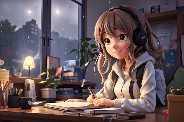 anime girl listening to music and studying in her room while it rains