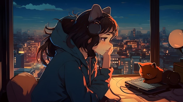 anime girl listening to music