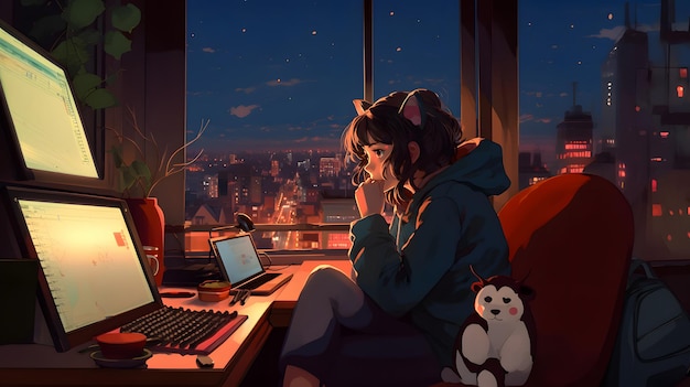 anime girl listening to music