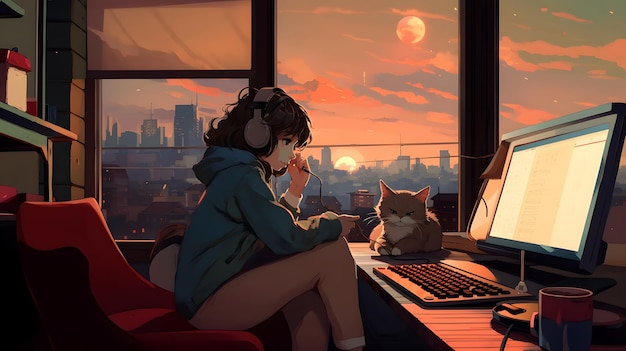 anime girl listening to music