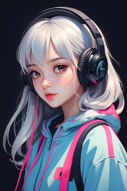 Photo anime girl listens music on headphones portrait of teenager illustration generative ai