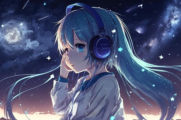 Anime girl listens music on headphones portrait of teenager illustration generative AI