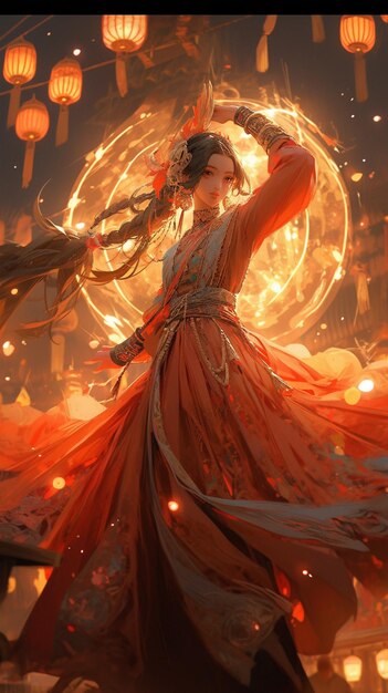 anime girl in a long dress with a glowing orb in the background generative ai