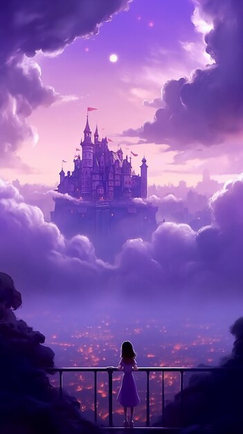 Anime girl looking at a castle in the sky generative ai