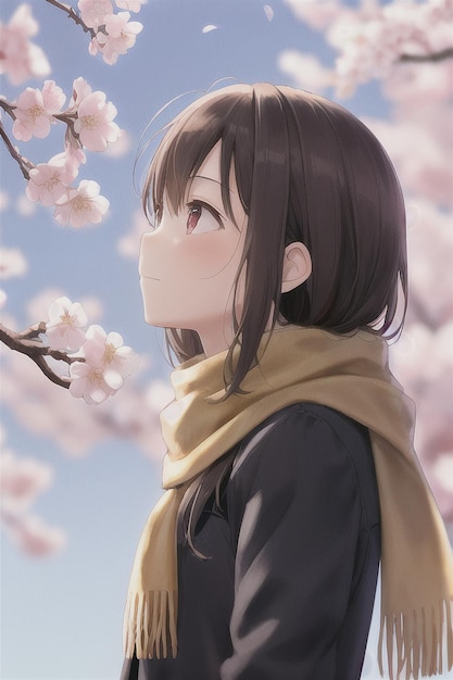 Anime girl looking at a cherry blossom tree