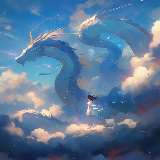 feeling free and flying, anime girl flying over a city, peaceful manga artwork, generative ai technology Stock Illustration