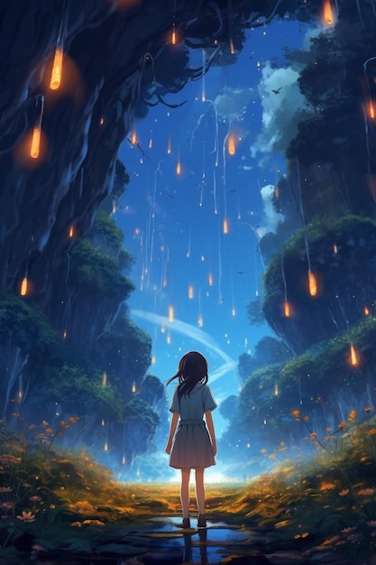 anime girl looking at falling lanterns in a forest generative ai