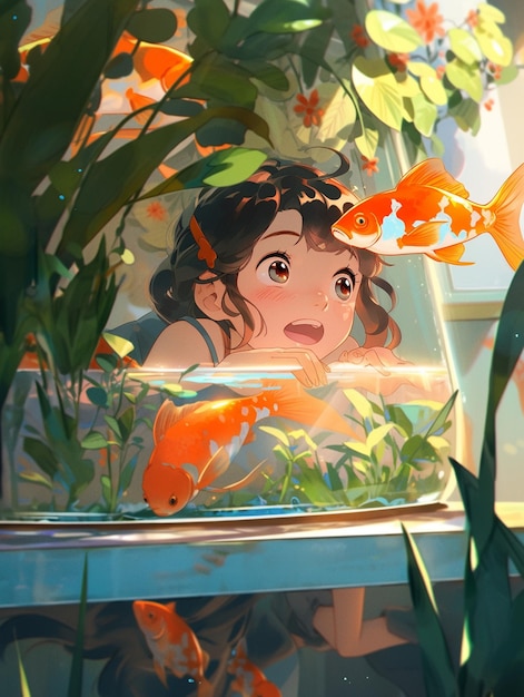 Anime girl looking at goldfish in aquarium with plants and plants generative ai