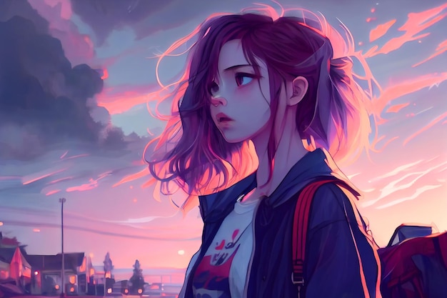 Photo anime girl looking into the distance generative ai