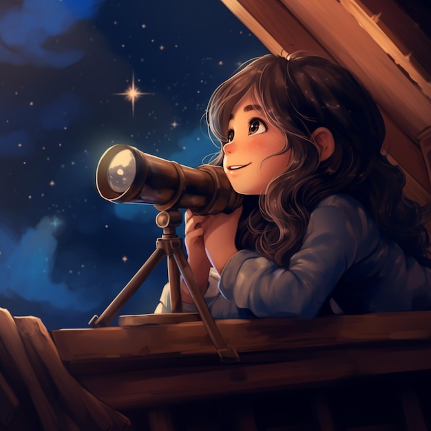 Anime girl looking the moon with telescope image ai generated art