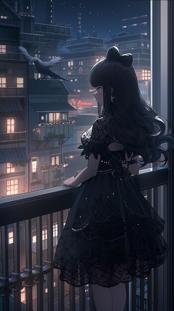 Anime girl looking out a window at a city at night generative ai