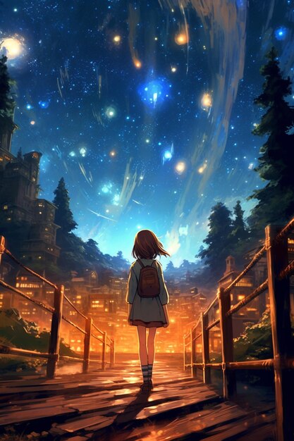 Anime girl looking at the stars in the sky generative ai