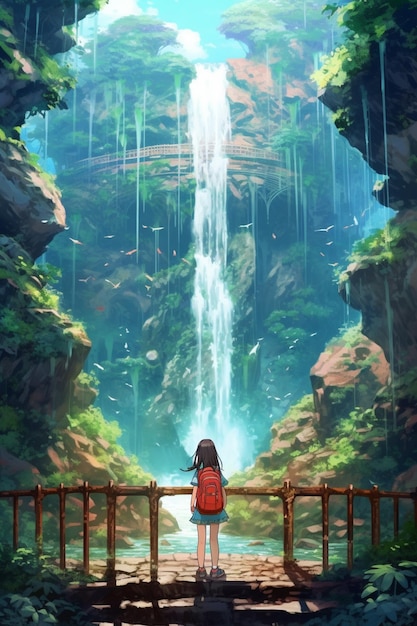Аниме девушка смотрит на водопад в лесу с мостом генеративный ай