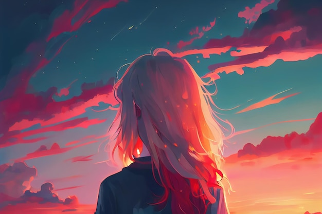 Anime girl looks into the distance at a pink sunset Generative AI