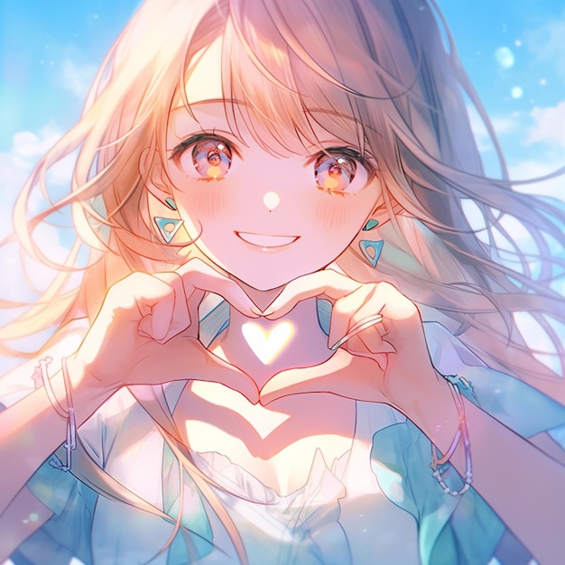 Anime girl making heart with her hands in front of her face generative ai