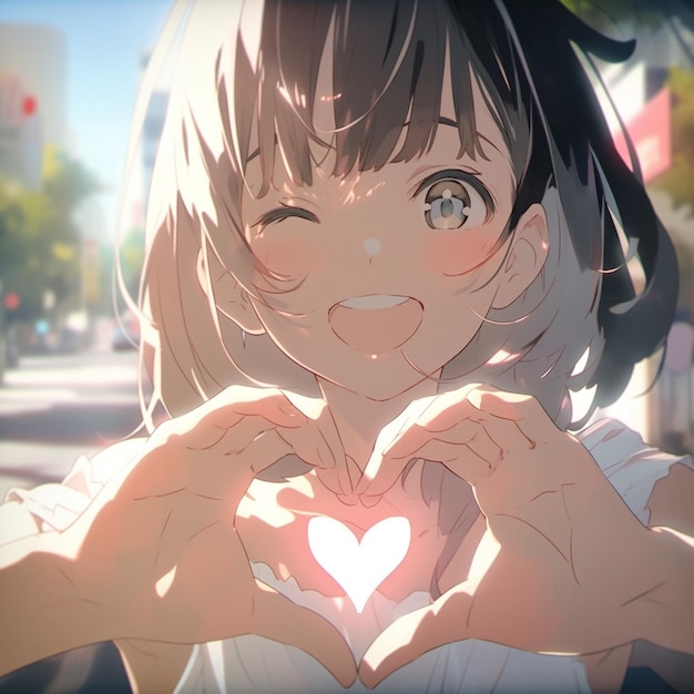 Anime girl making a heart with her hands generative ai