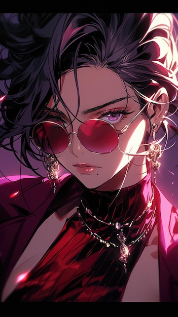 an anime girl in maroon with sunglasses