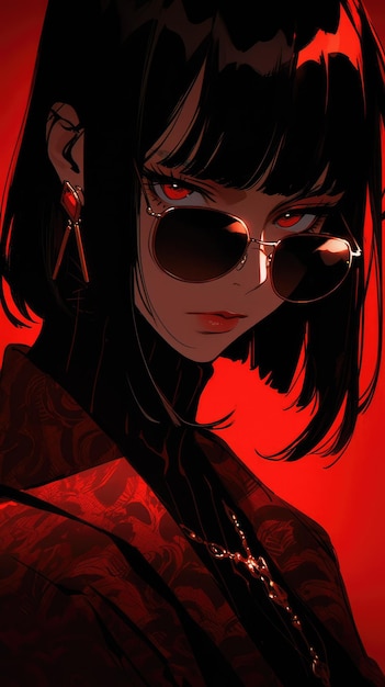 an anime girl in maroon with sunglasses