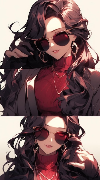 an anime girl in maroon with sunglasses