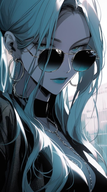 an anime girl in mint with sunglasses