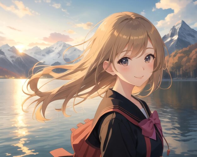 Anime girl in a mountain lake