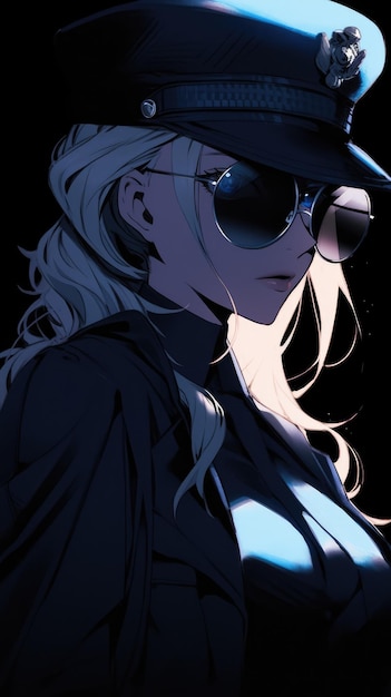 an anime girl in navy with sunglasses