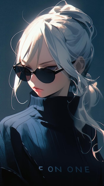an anime girl in navy with sunglasses
