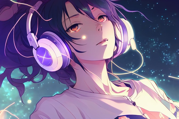 Anime girl in neon headphones Generative AI