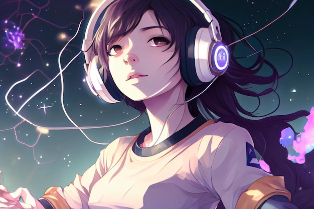 Anime girl in neon headphones Generative AI