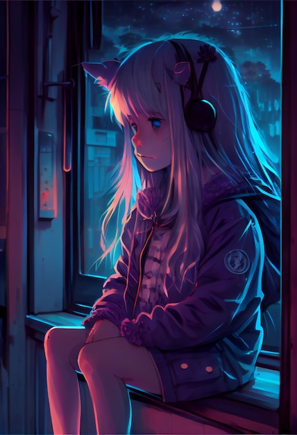 Photo anime girl night cute generative ai