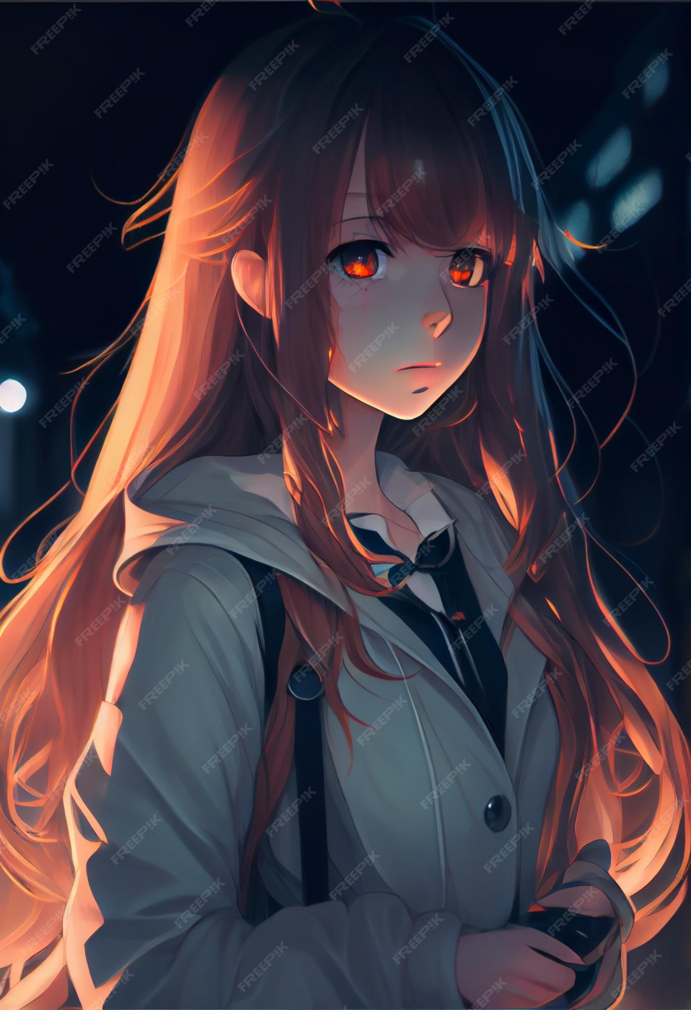 Premium AI Image  an anime girl with glowing red eyes in a dark forest