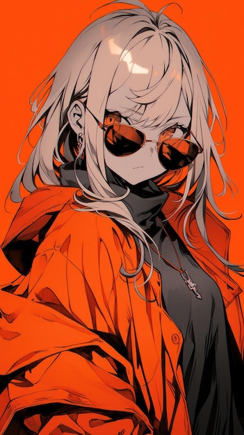 an anime girl in orange with sunglasses