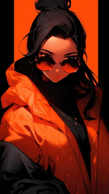 an anime girl in orange with sunglasses