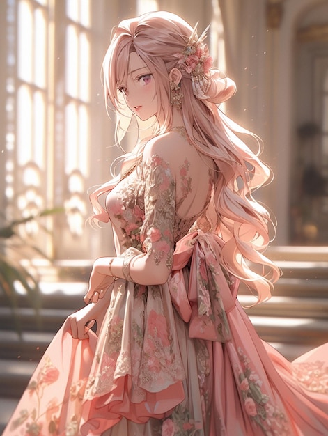 anime girl in a pink dress with long hair and a flowered dress generative ai