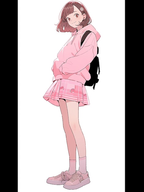 Photo anime girl in pink jacket and skirt with backpack standing generative ai