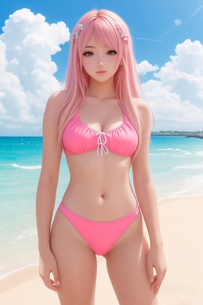 AI가 생성된 분홍색 수영복 이미지의 애니메이션 소녀